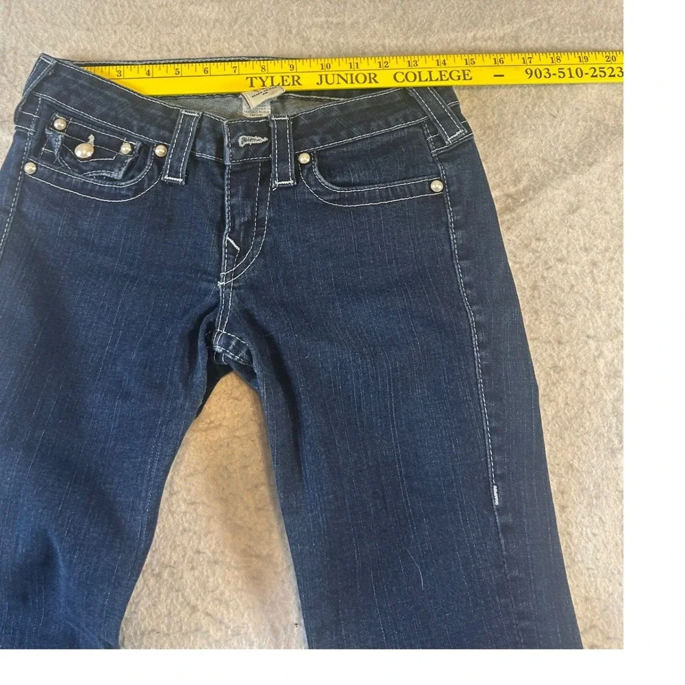 True Religion Mens Slim Straight Indigo Jeans Pearl Buttons White Stitch Size 28